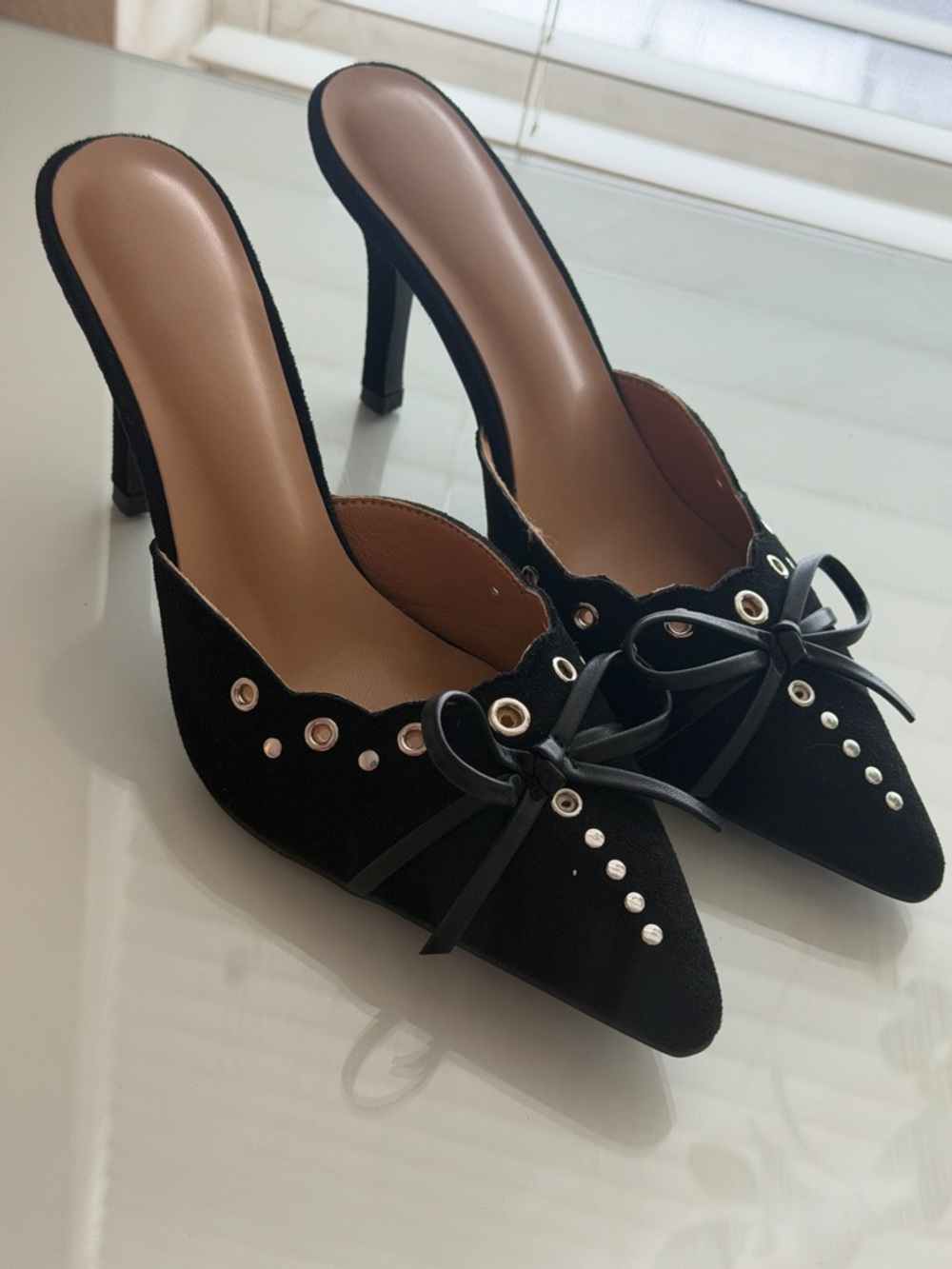 Black Pointed Toe Heeled Mules with Bow and Stud Accents NWOT